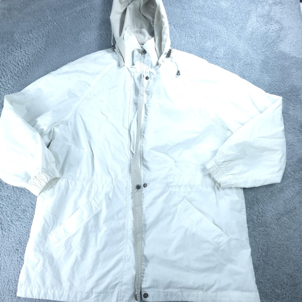 London Fog Rain Coat Mens XL White Full Zip Hooded Mid Length Microfiber